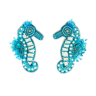 Amara's Enchanted Forest Amaras AEF shop Beth Ladd Collections Aqua Blue Aquamarine Teal Seahorse Sea Horse Statement Mermaid Earrings Made In India Handmade Gives Back Ethically Made Sustainable Eco Friendly Statement Jewelry Tropical Report Vacation Studs Beaded