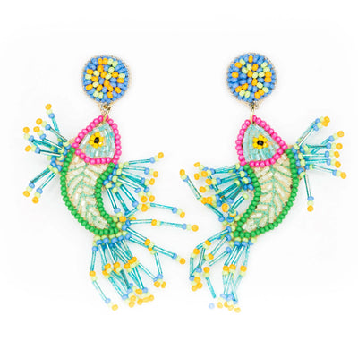 Amara's Enchanted Forest Amaras AEF shop Beth Ladd Collections Colorful Rainbow Multicolor Beaded Funky And Fun Fish Statement Mermaid Earrings Made In India Handmade Gives Back Ethically Made Sustainable Eco Friendly Statement Jewelry Tropical Report Vacation
