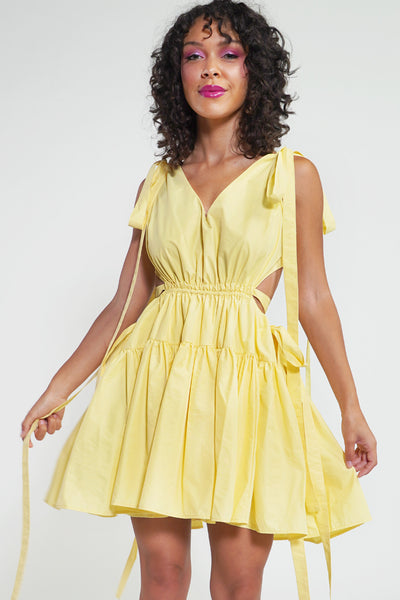 Amara's Enchanted Forest AEF shopaef INA Disney Beauty And The Beast Belle Yellow Mini Dress with Cutouts Tie Detail Open Back V Neck Brunch Date Night Girls Night Out Party Special Occasion Wedding Guest