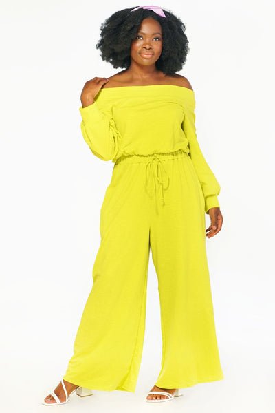 Amara's Enchanted Forest aef shopaef Jade by Jane Lime Green Pop Color Soft Cotton Jersey Off The Shoulder Long Sleeve Wide Pant Pants Jumpsuit for Women plus size inclusive sizing 1XL 2XL 3XL