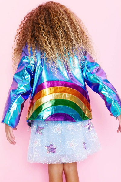 Amara's Enchanted Forest aef shopaef lola and the boys metallic iridescent moto motocycle blue green aqua purple jacket with rainbow back detail and rainbow charm zippers girls mommy and me style