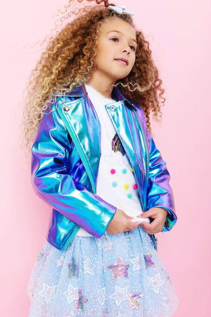 Amara's Enchanted Forest aef shopaef lola and the boys metallic iridescent moto motocycle blue green aqua purple jacket with rainbow back detail and rainbow charm zippers girls mommy and me style