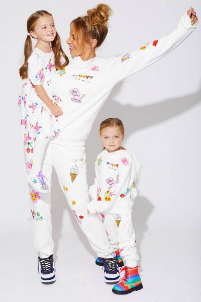 Amara's Enchanted Forest AEF shopaef Lola And The Boys Positive Positivity Creative Doodle Art Sweatshirt Sweatpant Jogger Hoodie Set for Mommy And Me Adults Womens White Multicolor