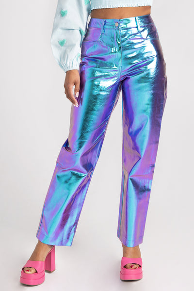 Amara's Enchanted Forest AEF shopaef Amy Lynn Metallic Iridescent Trousers Pants Straight Leg Jean Style Unique Trendy Women's Women Blue Green Sky Teal Aqua