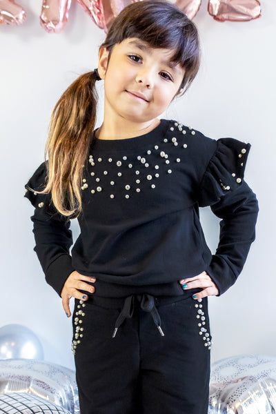 Amara's Enchanted Forest AEF shopaef Amaras Hannah Banana Truly Me Baby Sara Kids Athleisure Lounge Wear Set Sweatshirt Joggers Pearls Ruffles Black Little Girls Big Girl Teen Tween