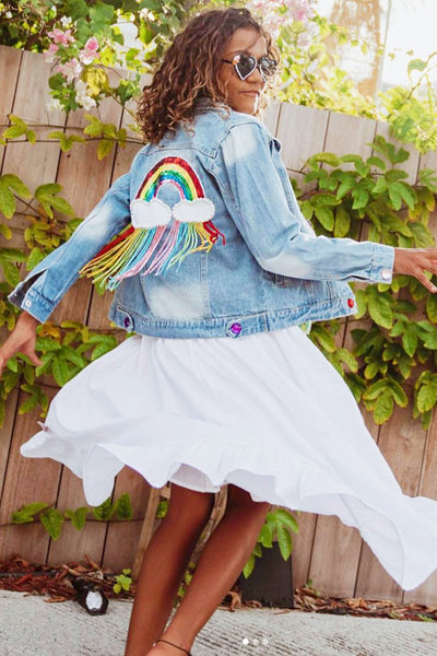 Amara's Enchanted Forest aef shopaef lola and the boys rainbow crystal rain rhinestones denim jacket womens adults mommy and me