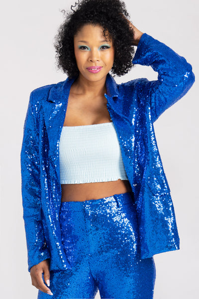 Amara's Enchanted Forest AEF shopaef Amara's Main Strip Royal Cobalt Blue Sequin Blazer Jacket Oversized Boyfriend Fit Women Women's Womens Outerwear