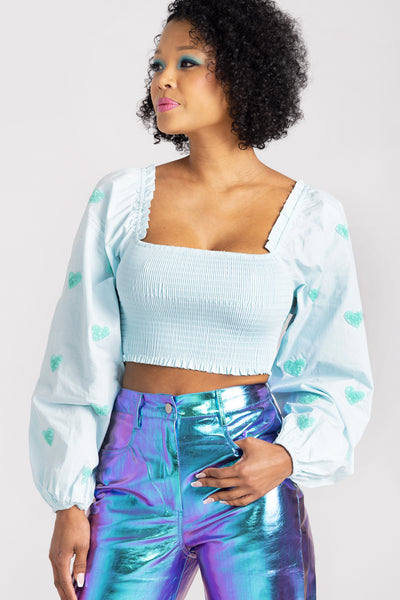 Amara's Enchanted Forest AEF shopaef Main Strip Light Blue Sky Aqua Teal Sequin Heart Hearts Puffy Long Sleeves Blouse Crop Cropped Somcked Smock Smocking Womens Women apparel clothing fashion style