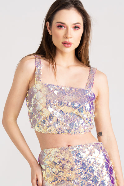 Amara's Enchanted Forest AEF shopaef Amara's Main Strip Sequin Multicolor Geometric Crop Top Sleeveless Tube Rose Gold Pastel Pink Ivory Champagne Barbie Women Womens Women's Clothing Clothes Apparel Mermaid Mermaids Siren Pant Set Sets