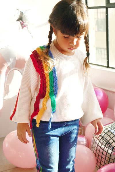 Amara's Enchanted Forest AEF Hannah Banana Rainbow Braided Detail Print Pullover Knit Sweater in Ivory