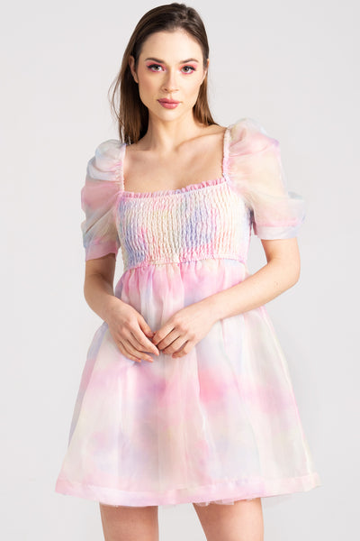 Amara's Enchanted Forest AEF shopaef TCEC contemporary pastel rainbow ombre tie dye print printed baby doll babydoll dress dresses mini puff sleeves organza womens women's clothing clothes apparel Selkie