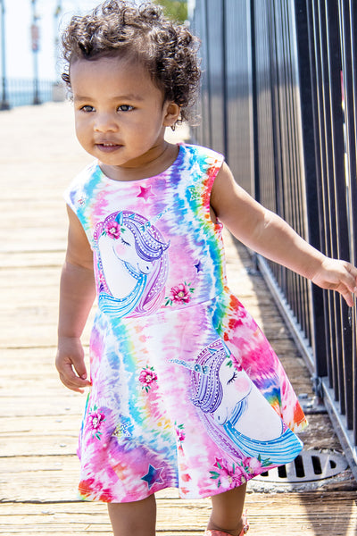 Amara's Enchanted Forest AEF shopAEF Amaras Baby Sara Unicorn Tie-Dye Scuba Dress tie dye rainbow multicolor unicorns star stars flower flowers floral multi colorful sleeveless skater fit and flare dresses kids kid little toddler girl girls fashion style outfit summer party
