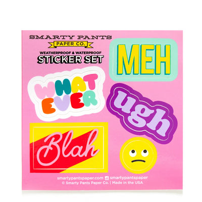 Amara's Enchanted Forest AEF shopAEF Amaras Smarty Pants Paper Co Company Whatever Sticker Sheet stickers weatherproof waterproof meh ugh blah frowny face sad disappointed attitude sassy princess pink work office school stationary kids tween teen womens