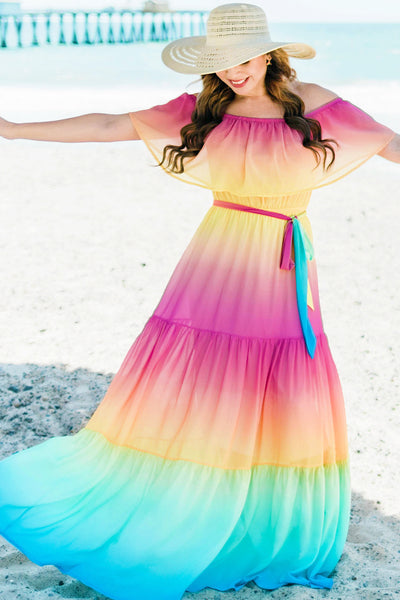 Amara's Enchanted  Forest AEF shopaef Amara's Flying Tomato Off-the-shoulder off the  cold shoulder maxi dress  ombre rainbow resort  summer spring tropical vacation beach